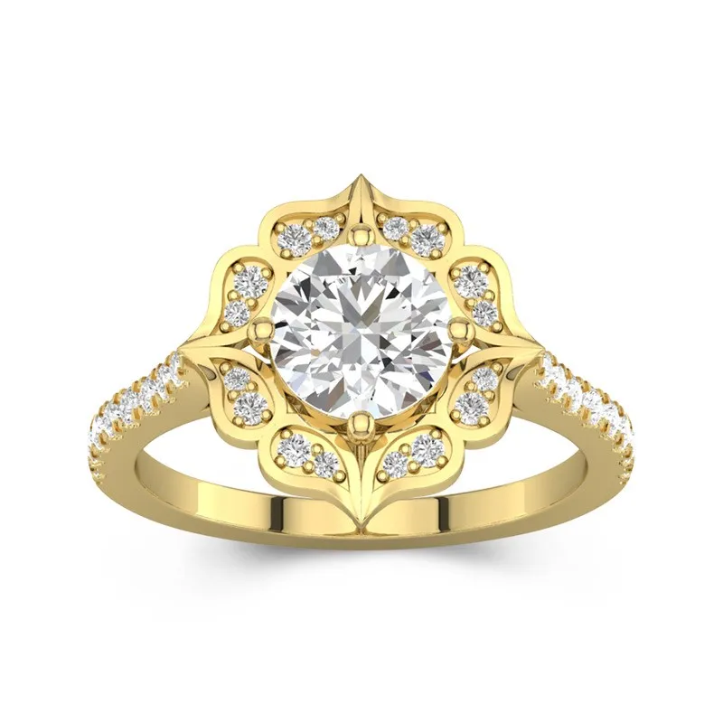 1.2 CT Round Cut Vintage Flower Halo Engagement Ring 14K Yellow Gold
