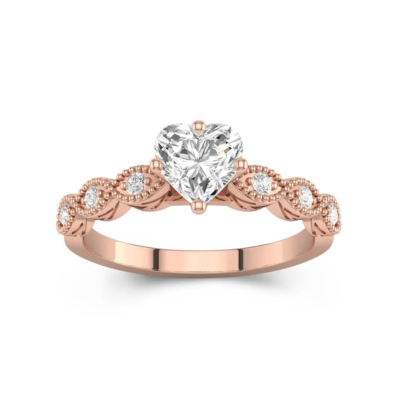 1 CT Heart Cut Vintage Beaded Art Deco Moissanite Engagement Ring 14K Rose Gold