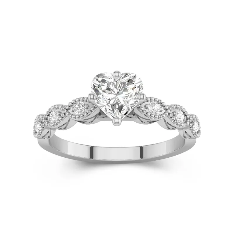 1 CT Heart Cut Vintage Beaded Art Deco Moissanite Engagement Ring 14K White Gold