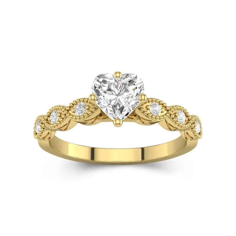 1 CT Heart Cut Vintage Beaded Art Deco Moissanite Engagement Ring 14K Yellow Gold