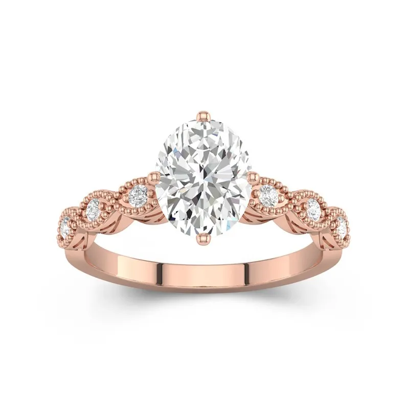 2 CT Oval Cut Vintage Beaded Art Deco Moissanite Engagement Ring 14K Rose Gold
