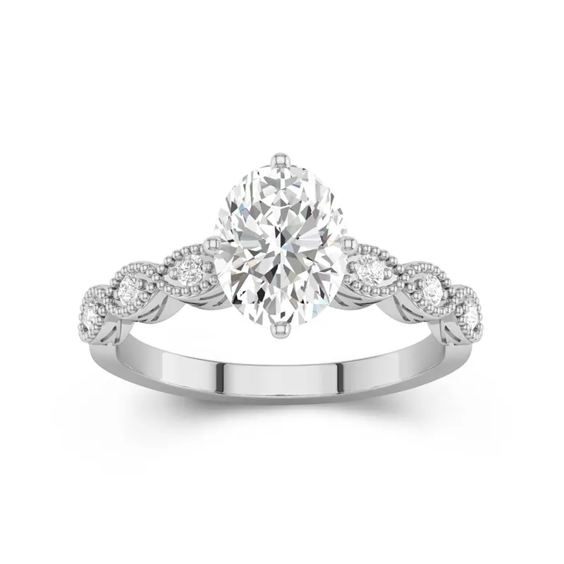 2 CT Oval Cut Vintage Beaded Art Deco Moissanite Engagement Ring 14K White Gold