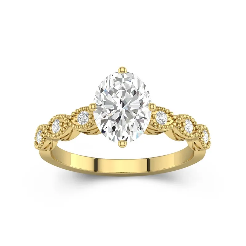 2 CT Oval Cut Vintage Beaded Art Deco Moissanite Engagement Ring 14K Yellow Gold