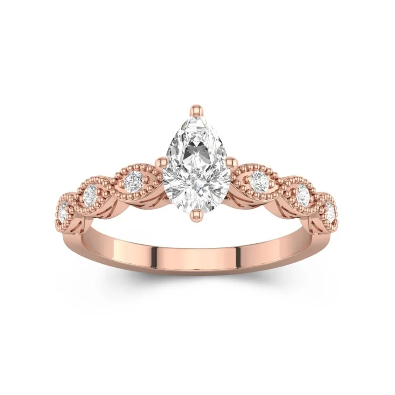 1 CT Pear Cut Vintage Beaded Art Deco Moissanite Engagement Ring 14K Rose Gold