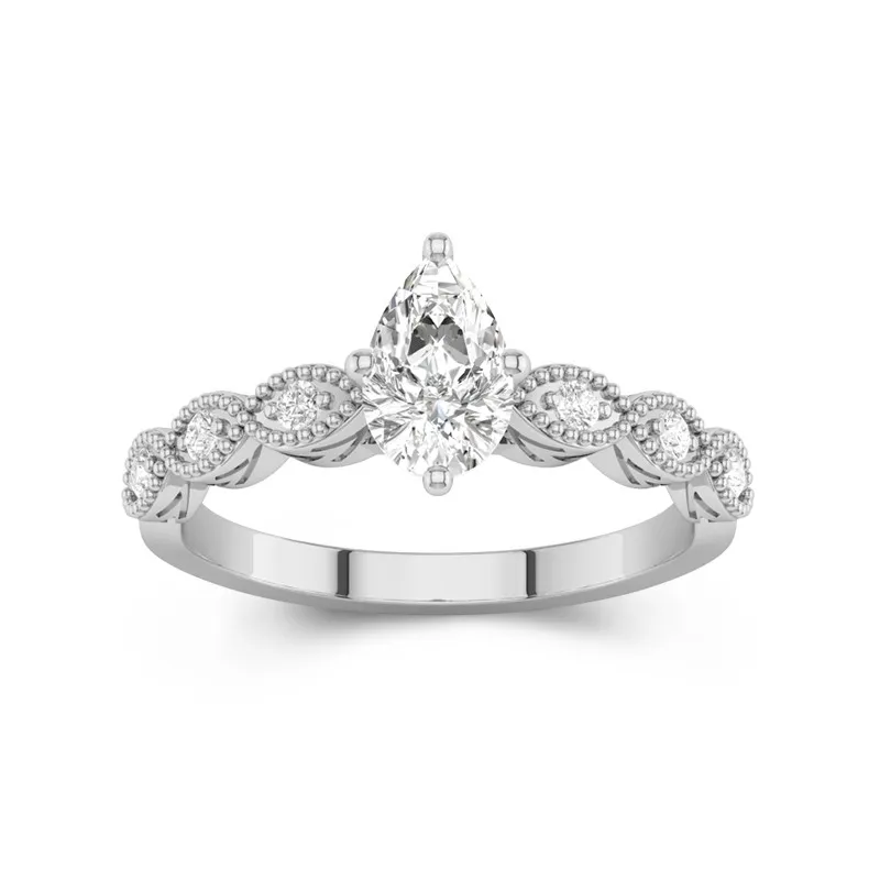 1 CT Pear Cut Vintage Beaded Art Deco Moissanite Engagement Ring 14K White Gold