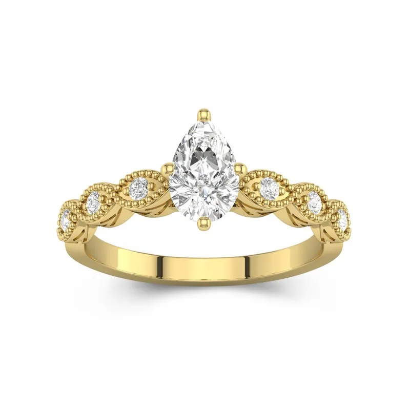 1 CT Pear Cut Vintage Beaded Art Deco Moissanite Engagement Ring 14K Yellow Gold