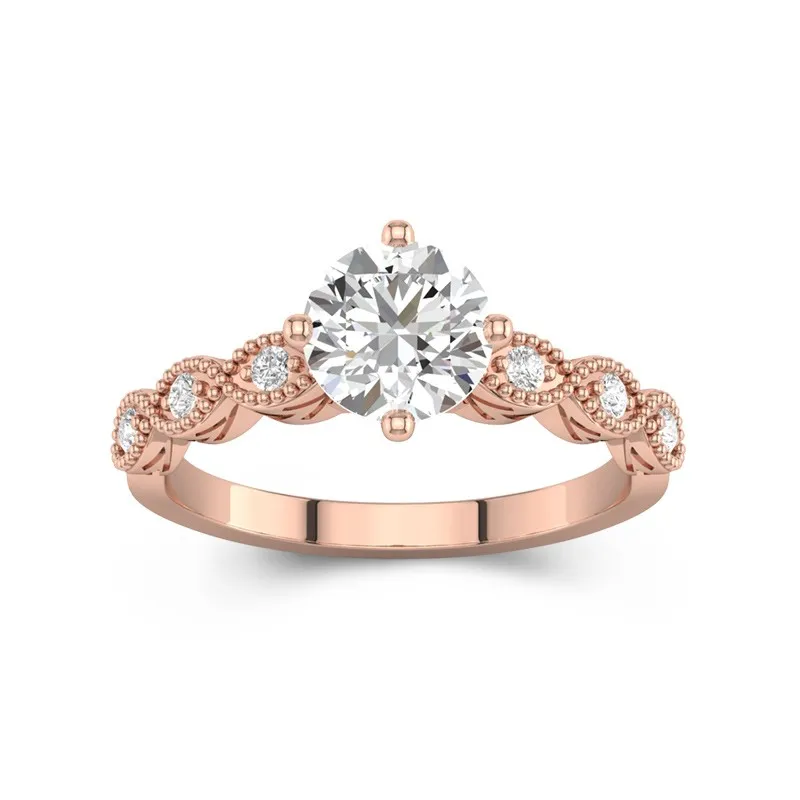1.2 CT Round Cut Vintage Beaded Art Deco Moissanite Engagement Ring 14K Rose Gold