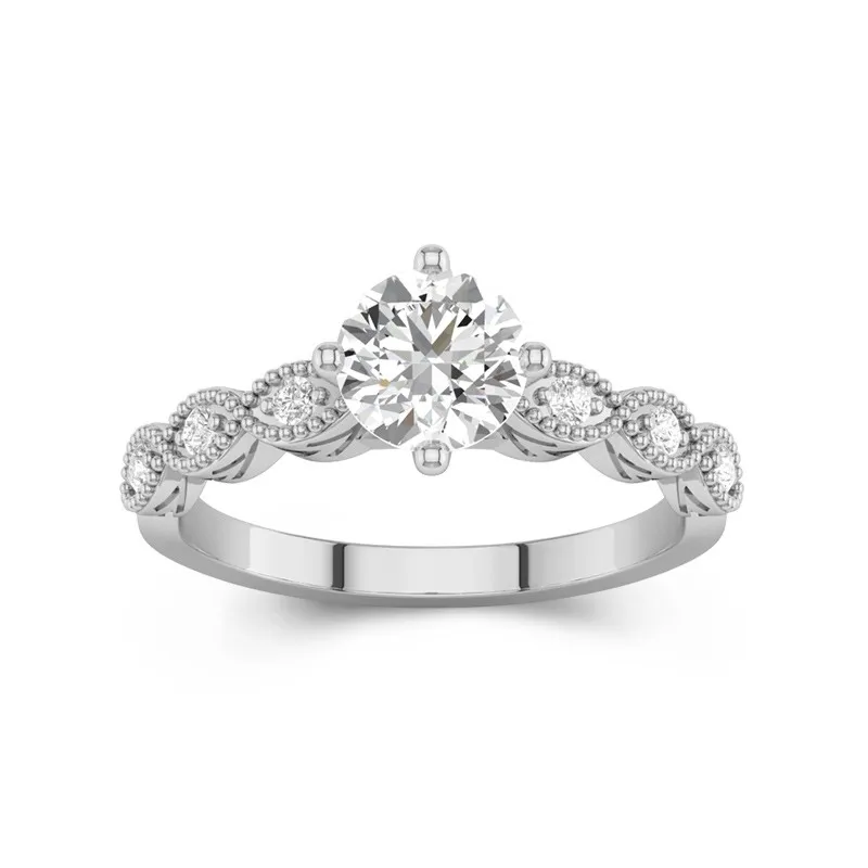 1 CT Round Cut Vintage Beaded Art Deco Moissanite Engagement Ring 14K White Gold