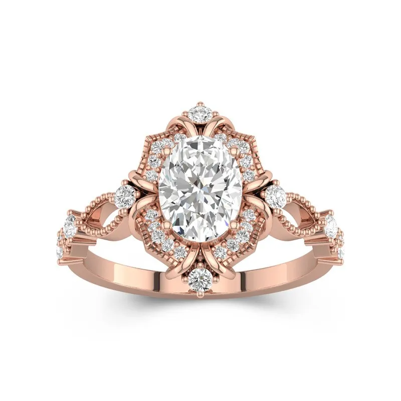 1.5 CT Oval Cut Halo Filigree Vintage Engagement Ring 14K Rose Gold