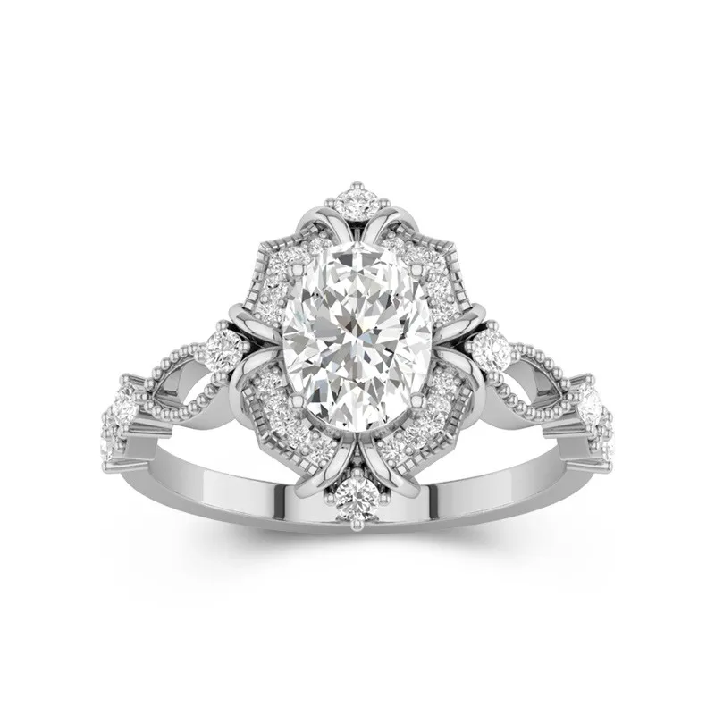 1.5 CT Oval Cut Halo Filigree Vintage Engagement Ring 14K White Gold