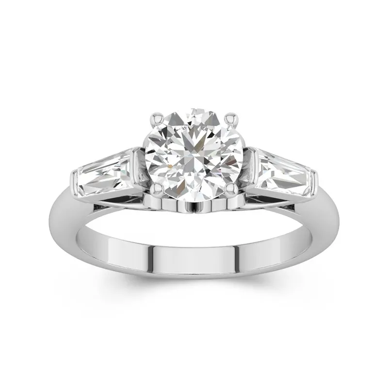 Three Stone Vintage Cathedral Engagement Ring 14K White Gold
