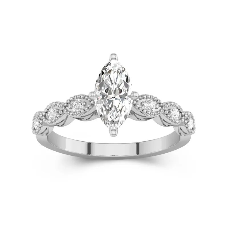 1 CT Marquise Cut Vintage Beaded Art Deco Engagement Ring 14K White Gold