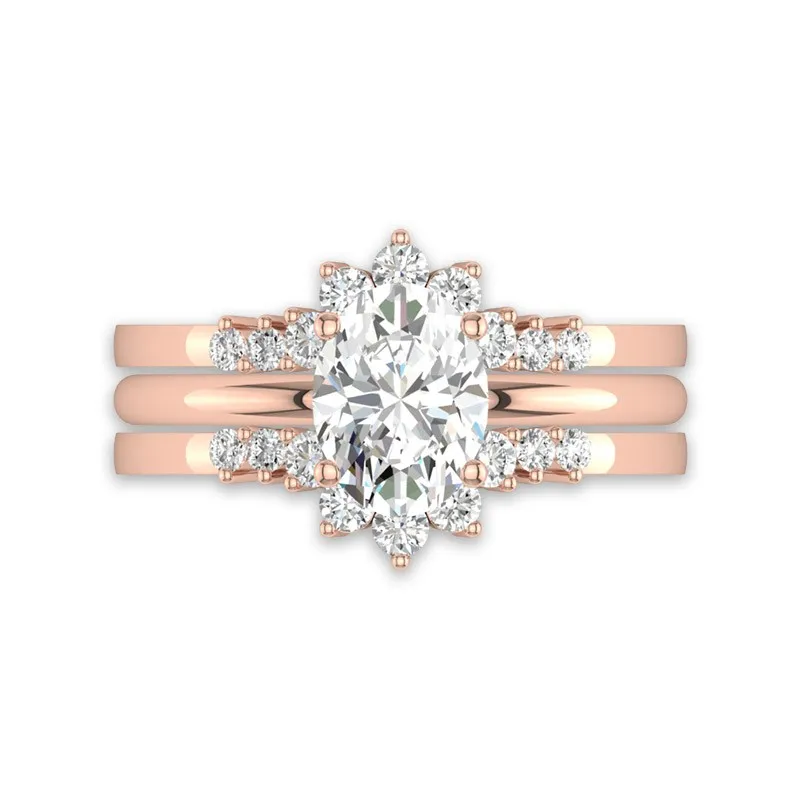 1.5 CT Oval Cut 3 Piece Wedding Ring Set 14K Rose Gold