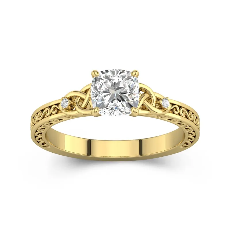 Cushion Cut 1 CT Vintage Celtic Art Deco Engagement Ring 14K Yellow Gold