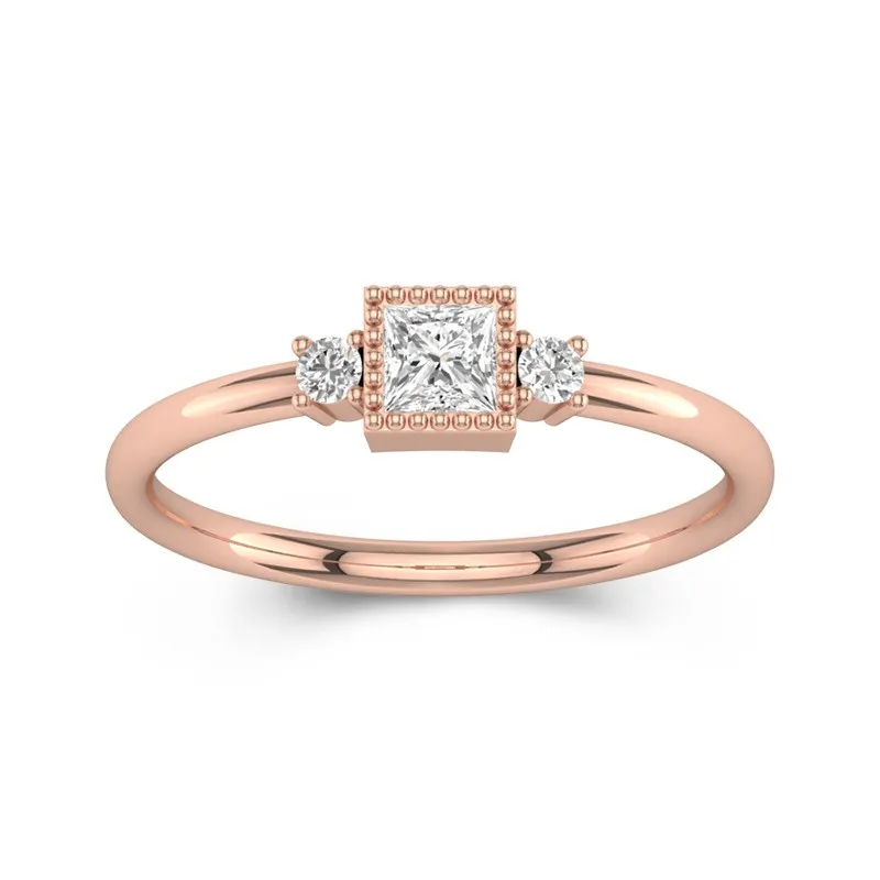 Princess Cut Simple Beaded Three Stone Wedding Ring 14K Rose Gold