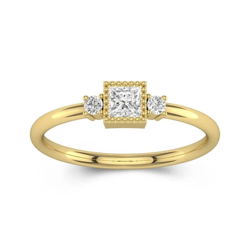 Princess Cut Simple Beaded Three Stone Wedding Ring 14K Yellow Gold