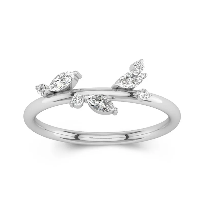Simple Art Deco Leaf Stackable Wedding Ring 14K White Gold