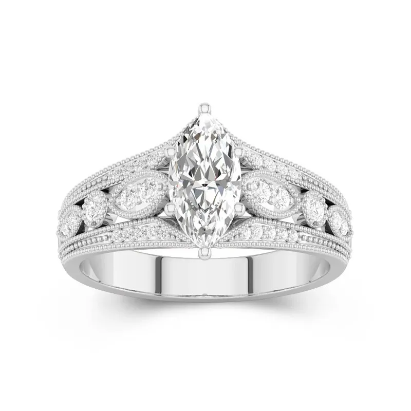 1 CT Marquise Cut Vintage Tapered Filigree Engagement Ring 14K White Gold