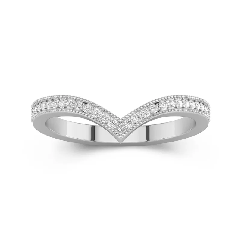 Simple Chevron Curved Stackable Wedding Band 14K White Gold