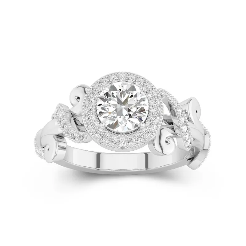 1 CT Round Cut Halo Leaf Engagement Ring 14K White Gold