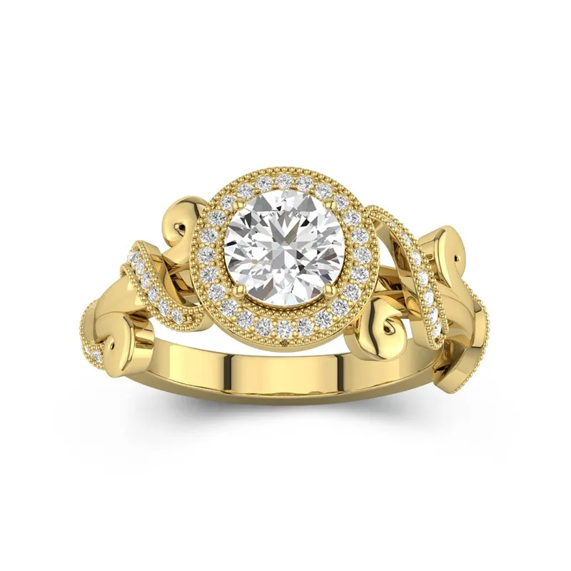 1 CT Round Cut Halo Leaf Engagement Ring 14K Yellow Gold