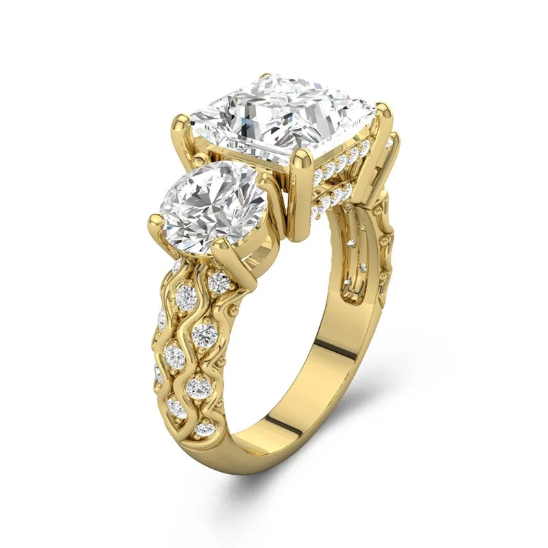 2.5 CT Princess Cut Three Stone Unique Engagement Ring 14K Yellow Gold