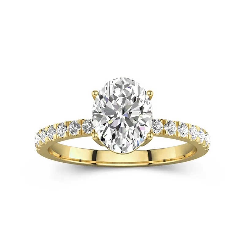 2 CT Oval Cut Moissanite Simple Pave Engagement Ring 14K Yellow Gold