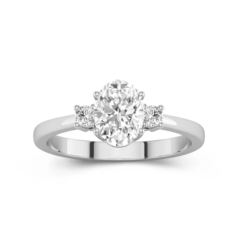 1.5 CT Oval Cut Moissanite Three Stone Round Side Stone Tapered Engagement Ring 14K White Gold