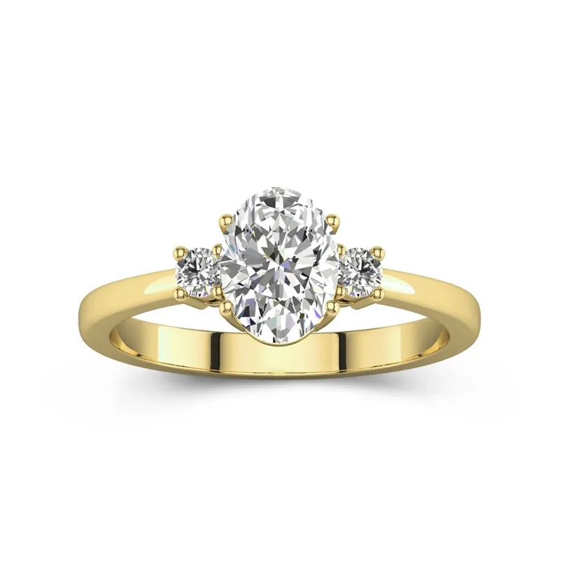 1.5 CT Oval Cut Moissanite Three Stone Round Side Stone Tapered Engagement Ring 14K Yellow Gold
