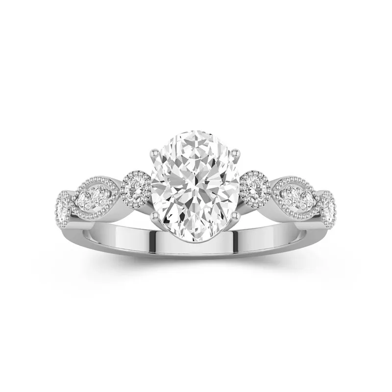 2 CT Oval Cut Moissanite Vintage Art Deco Milgrain Engagement Ring 14K White Gold