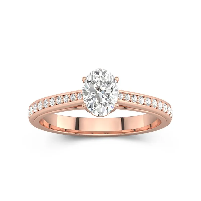1 CT Oval Cut Moissanite Channel Cathedral Engagement Ring 14K Rose Gold