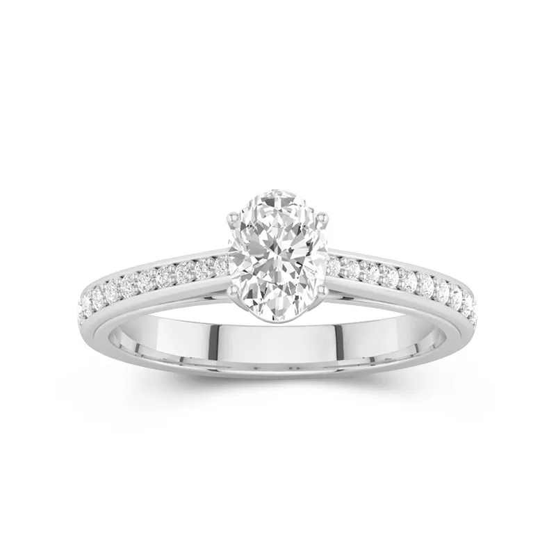 1 CT Oval Cut Moissanite Channel Cathedral Engagement Ring 14K White Gold
