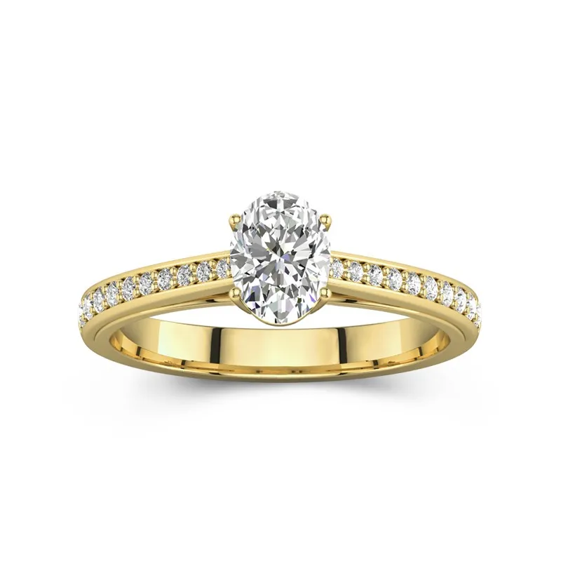 1 CT Oval Cut Moissanite Channel Cathedral Engagement Ring 14K Yellow Gold