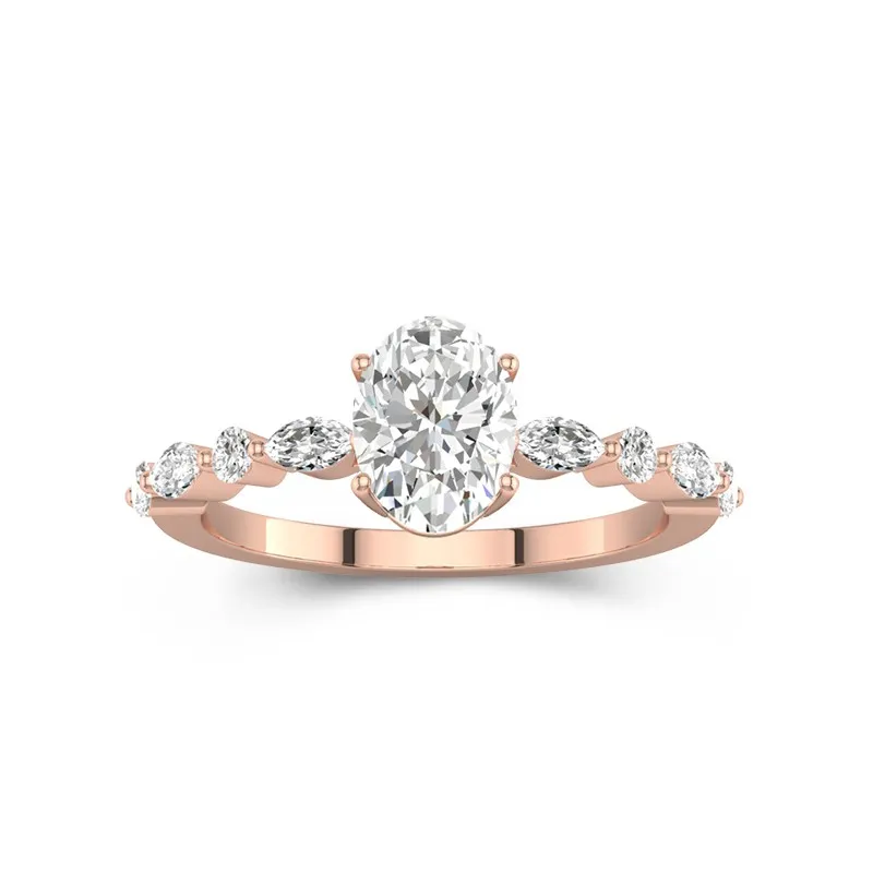 1.5 CT Oval Cut Moissanite Petite Shared Prong Side Accent Engagement Ring 14K Rose Gold