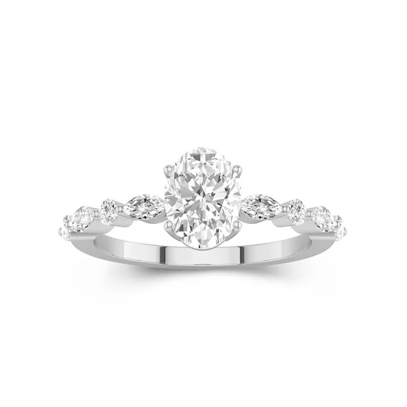 1.5 CT Oval Cut Moissanite Petite Shared Prong Side Accent Engagement Ring 14K White Gold