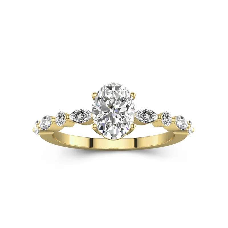 1.5 CT Oval Cut Moissanite Petite Shared Prong Side Accent Engagement Ring 14K Yellow Gold