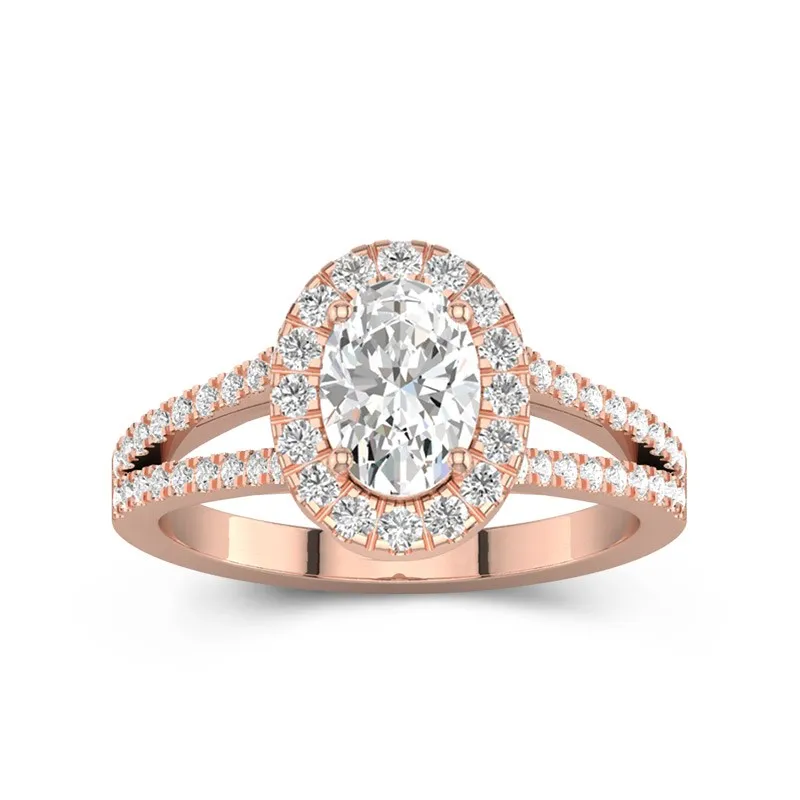1.5 CT Oval Cut Moissanite Halo Hidden Accents Split Shank Pave Engagement Ring 14K Rose Gold