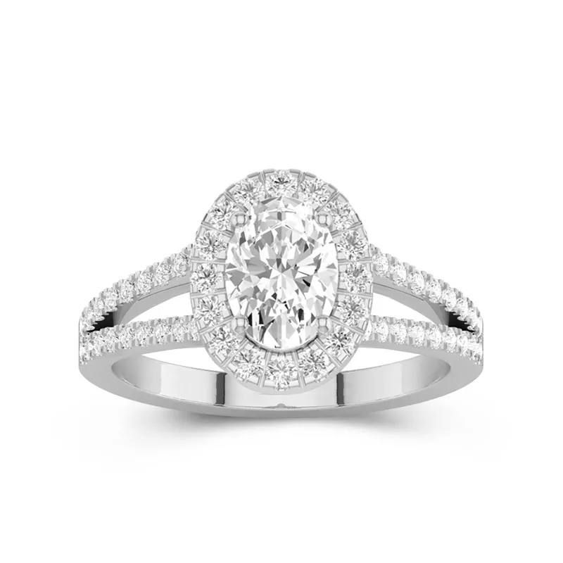 1.5 CT Oval Cut Moissanite Halo Hidden Accents Split Shank Pave Engagement Ring 14K White Gold