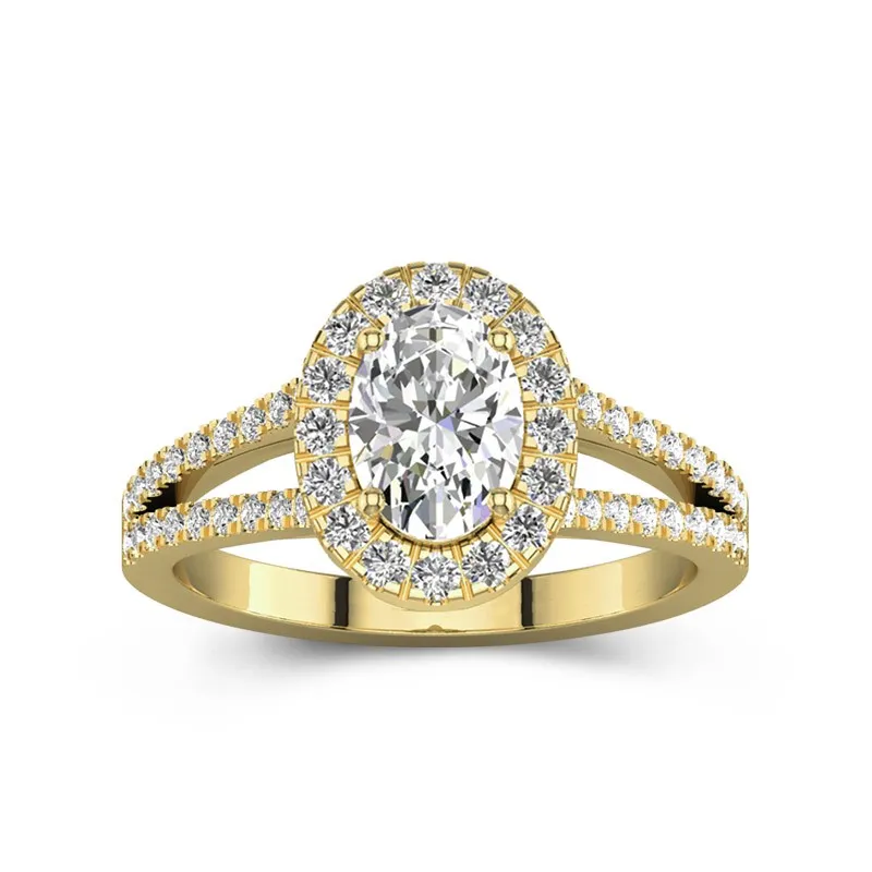 1.5 CT Oval Cut Moissanite Halo Hidden Accents Split Shank Pave Engagement Ring 14K Yellow Gold