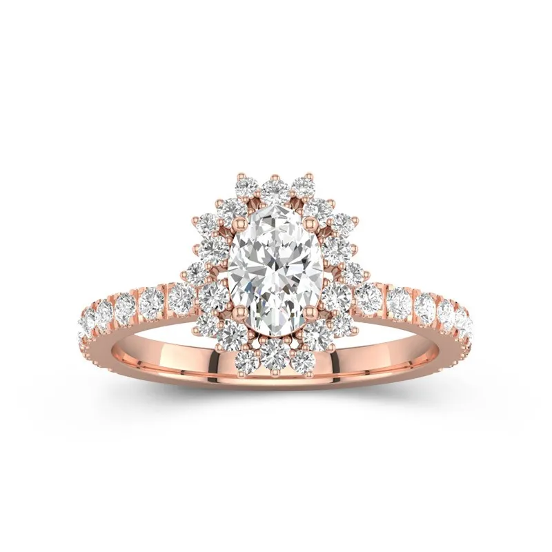 1 CT Oval Cut Moissanite Unique Halo Pave Flower Engagement Ring 14K Rose Gold