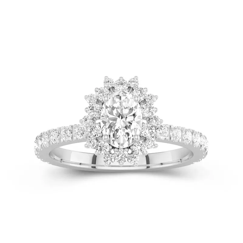 1 CT Oval Cut Moissanite Unique Halo Pave Flower Engagement Ring 14K White Gold