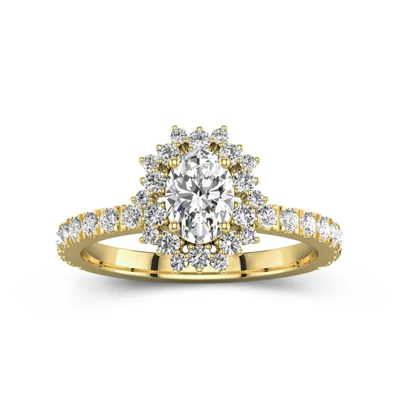 1 CT Oval Cut Moissanite Unique Halo Pave Flower Engagement Ring 14K Yellow Gold