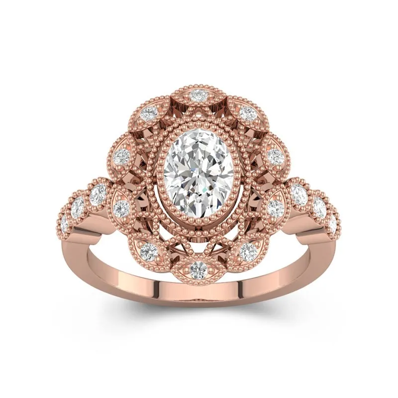 1 CT Oval Cut Moissanite Vintage Filigree Halo Engagement Ring 14K Rose Gold
