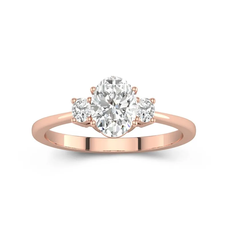 1.5 CT Oval Cut Moissanite Three Stone Oval Side Stone Tapered Engagement Ring 14K Rose Gold