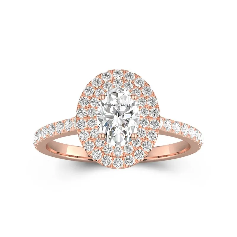 1 CT Oval Cut Moissanite Double Halo Pave Engagement Ring 14K Rose Gold