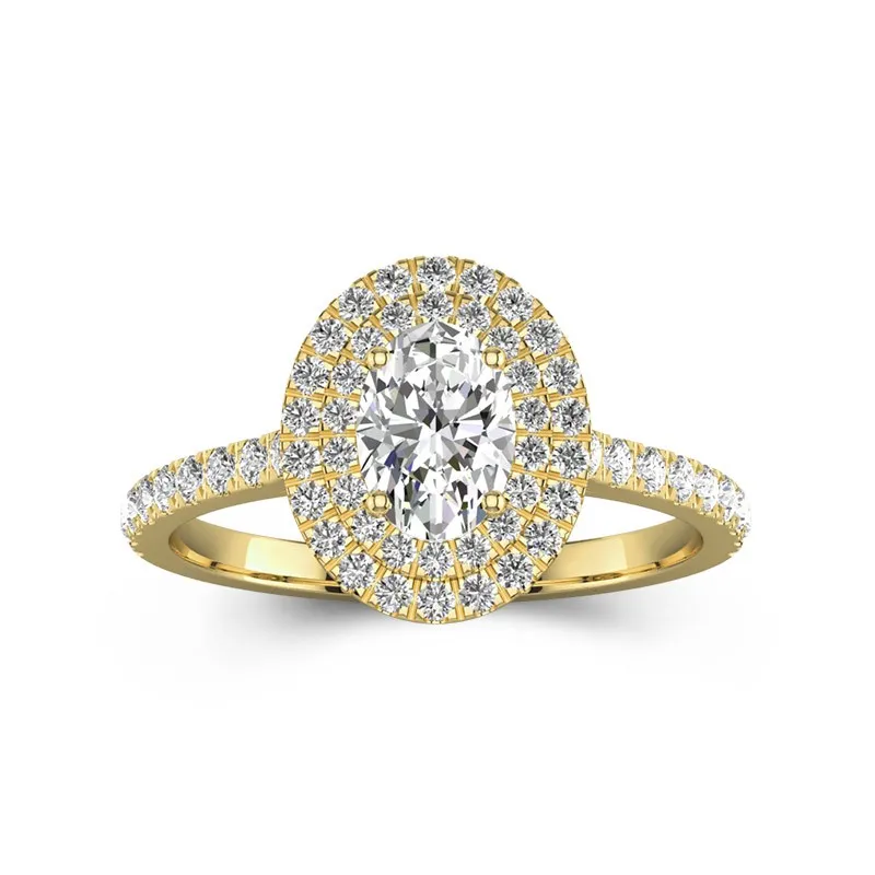 1 CT Oval Cut Moissanite Double Halo Pave Engagement Ring 14K Yellow Gold
