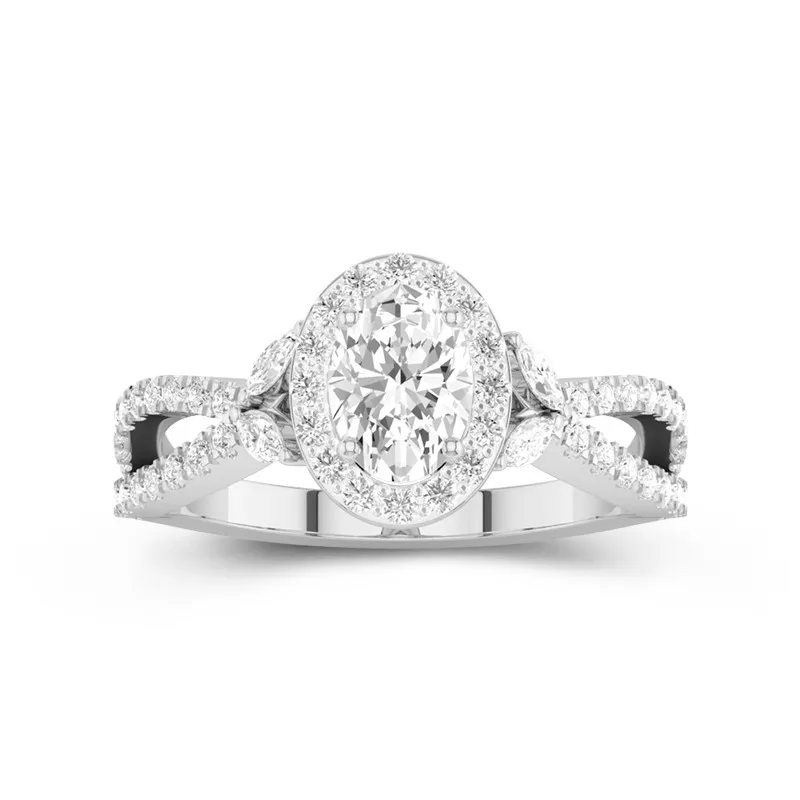 1 CT Oval Cut Moissanite Halo Twisted Infinity Leaf Engagement Ring 14K White Gold