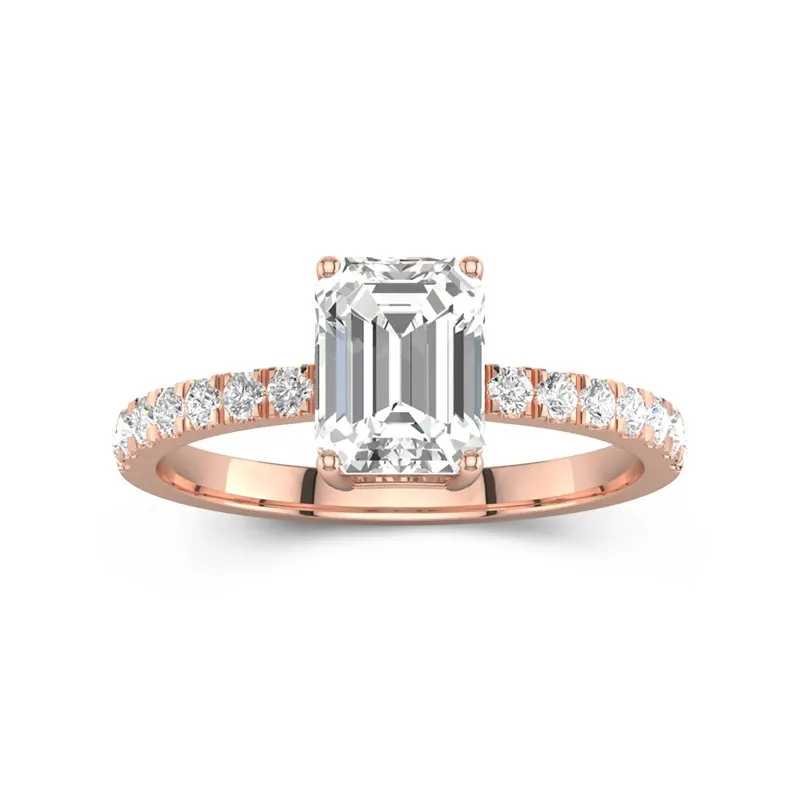 2 CT Emerald Cut Moissanite Simple Pave Engagement Ring 14K Rose Gold