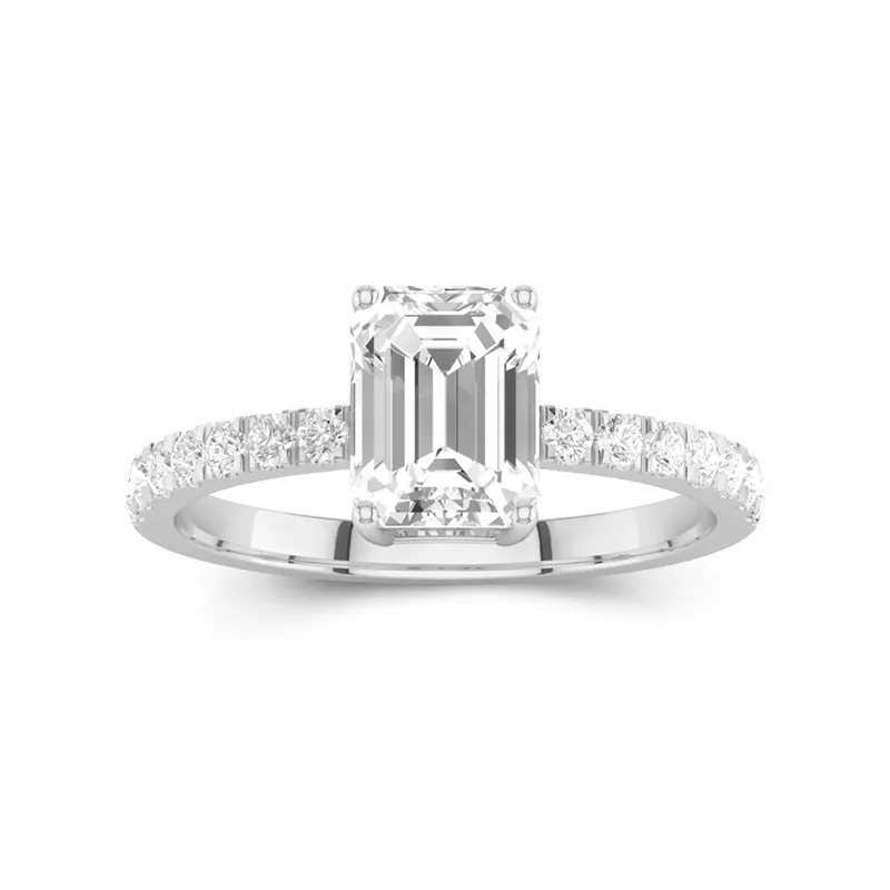 2 CT Emerald Cut Moissanite Simple Pave Engagement Ring 14K White Gold