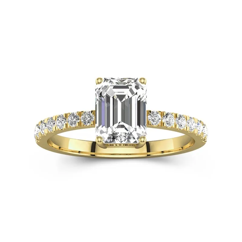 2 CT Emerald Cut Moissanite Simple Pave Engagement Ring 14K Yellow Gold